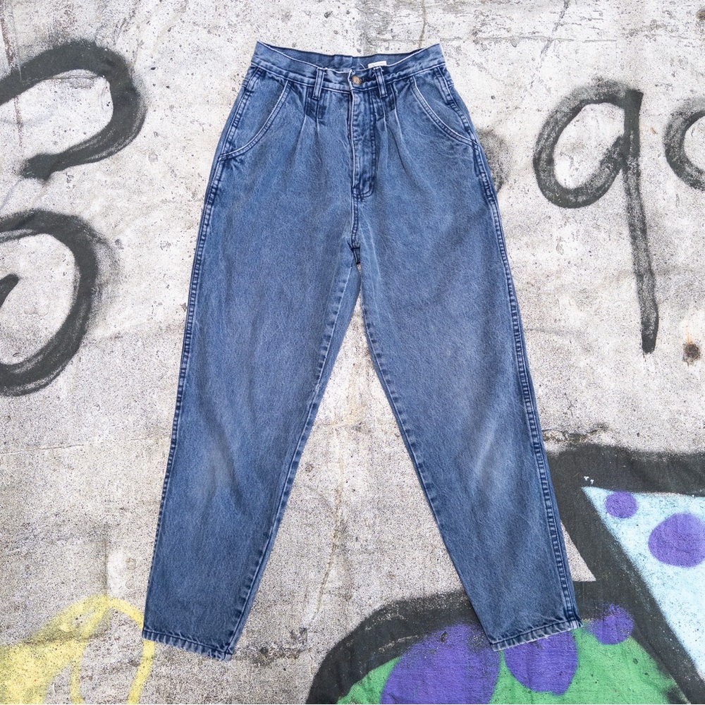 Vtg Bill Blass Petites‎ High Rise Pleated Front Tapered Mom Jeans Acid Wash, 24”